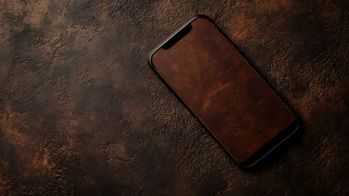 Dark Smartphone on Textured Rust-Colored Stone Surface.
