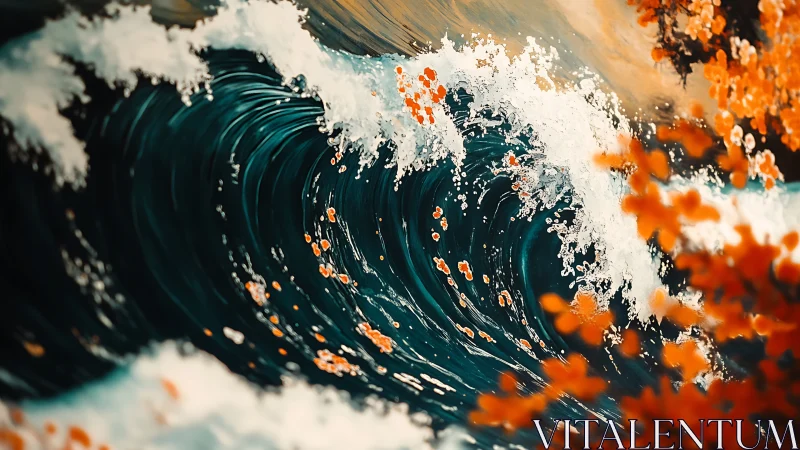 Hydrodynamic wave vortex with autumnal chromatic foliage contrast.