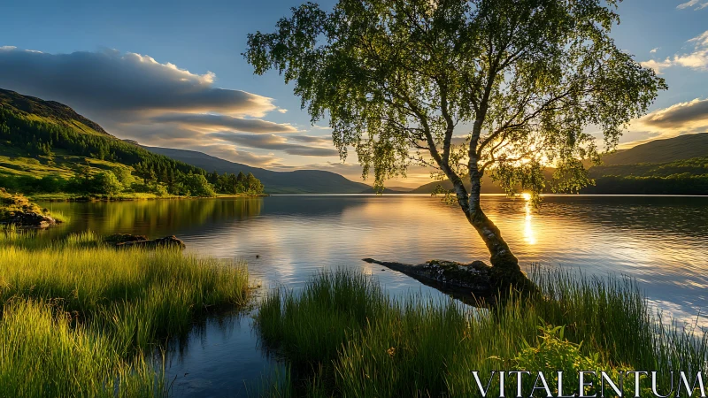 Golden lake sunset with a quiet tree and soft rolling hills.