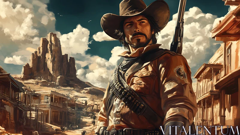 Digital western gunslinger portrait with cinematic desert town framing.