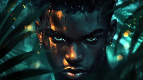 Digital portrait shows focused face framed by foliage and light