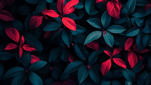 High-contrast digital foliage study with cyan-blue and red leaves