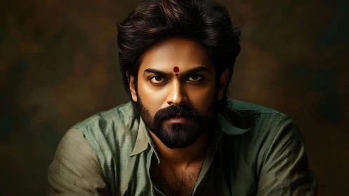 Bearded man with tilak in green shirt, intense portrait.