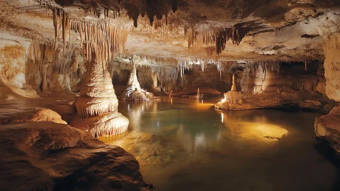 Limestone cave chamber with stalactites, stalagmites, clear pool.