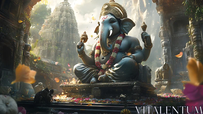 Petals whirl as the serene elephant deity blesses ruins
