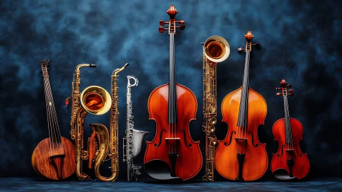 Orchestra Of Wood And Brass Posed Against Midnight Velvet.