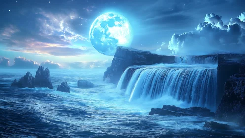 Digital seascape depicts moonlit waterfalls on coastal cliffs