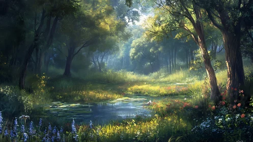 Forest Stream at Golden Hour: Luminous Deciduous Corridor with Aquatic Foreground