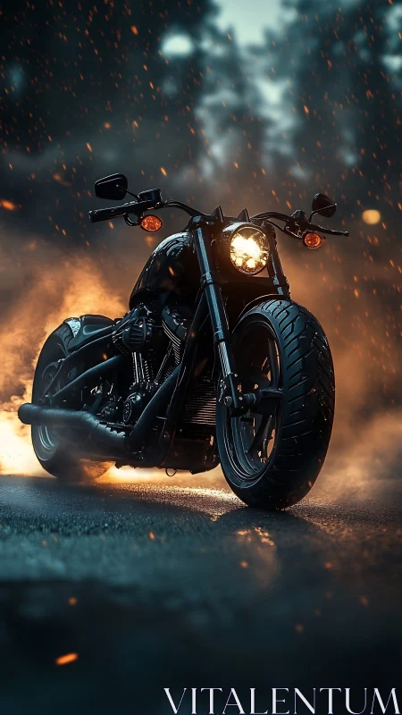 Midnight road warrior motorcycle crowned in embered mist.