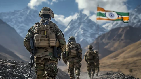 Mountain sentinels march beneath India’s wind-carved flag.