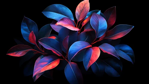 Luminous neon leaves glow softly in rich red and blue light