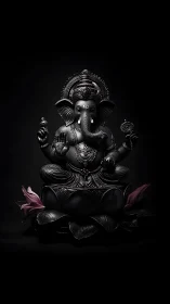 Dark-toned Ganesha sculpture seated on lotus pedestal. Period.