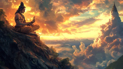 Divine figure meditates above glowing clouds at sunset