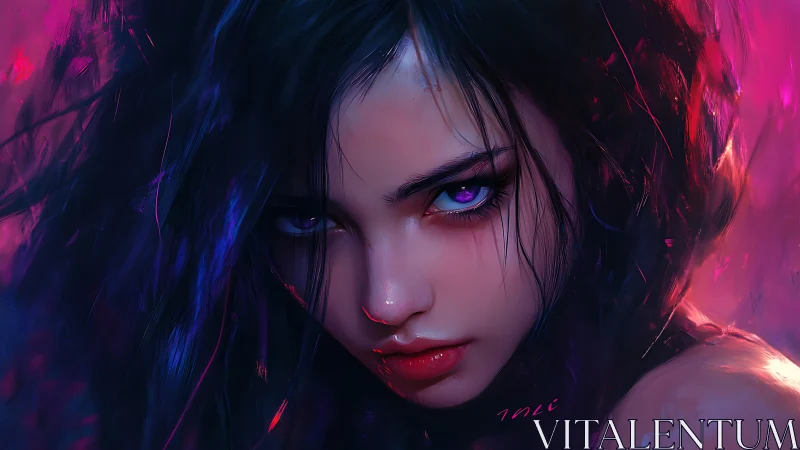 Chromatic portrait of violet‑eyed girl in neon flux field.