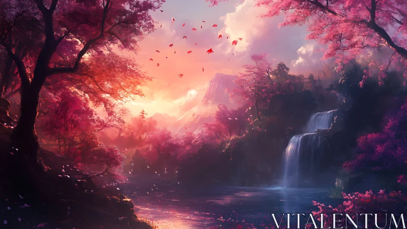 Pink forest valley with waterfall, lake, and distant peak.