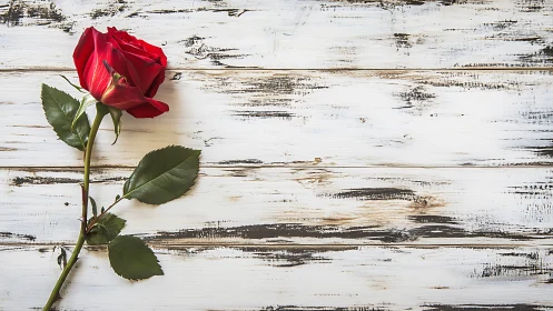 Red rose rests on weathered white painted wooden surface with green leaves.
