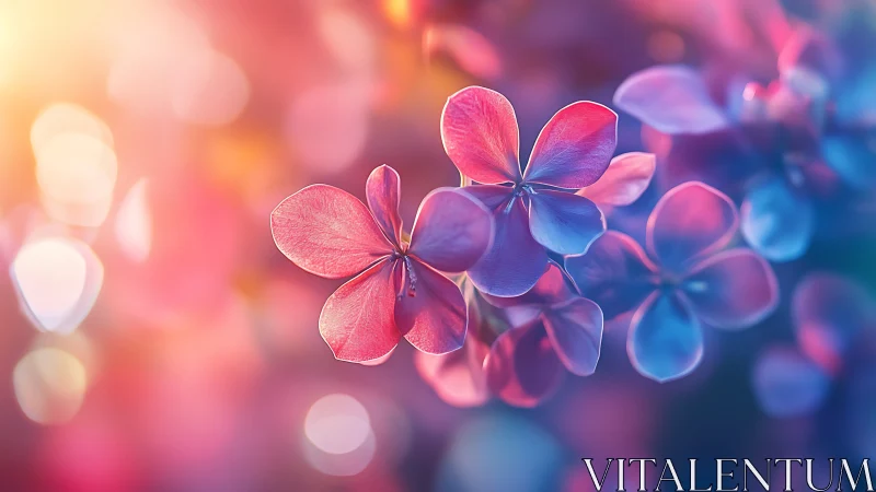 Soft pink and blue flowers bloom in luminous dreamlike bokeh.