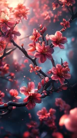 Cherry blossoms on dark branch with diffused light.