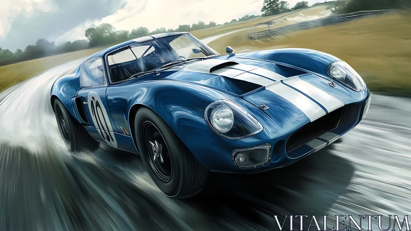 Blue racing coupe moves along wet track in dynamic view