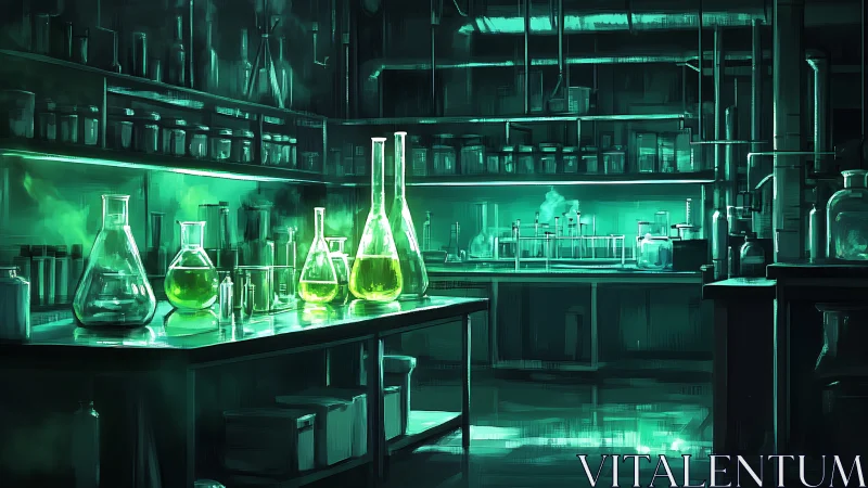 Emerald-lit chemical laboratory interior with glowing glassware.