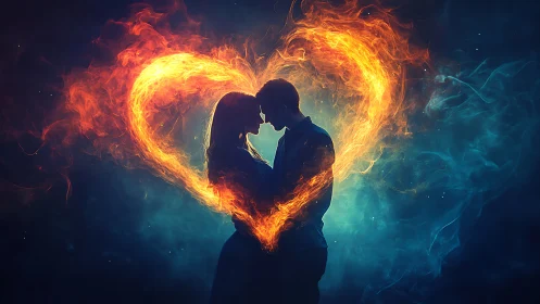 Silhouetted figures positioned against luminous fire-formed heart.