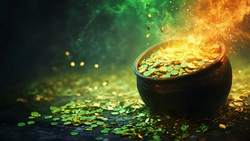 Enchanted cauldron overflows with glowing gold coins.