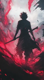 Lone swordmaster walks through swirling crimson storm.