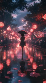 Figure with umbrella on wet lantern street at night.
