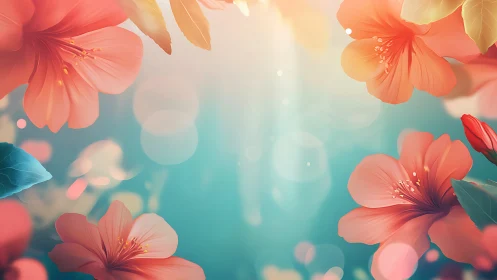 Red Flowers Against Turquoise Light: Soft Focus Botanical Design.