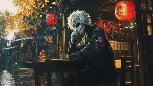 Midnight masked wanderer rests beneath glowing lantern light