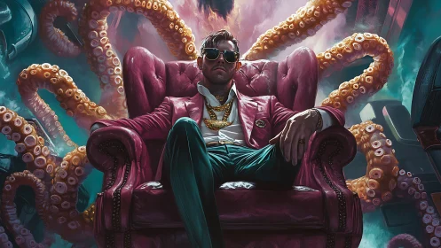 Digital painting of decadent kingpin on throne with tentacles.