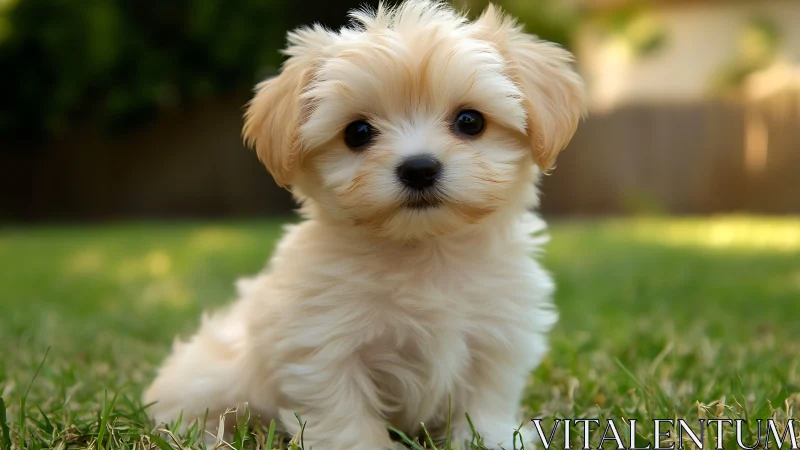 Soft golden puppy sits in sunlit grass with gentle curiosity