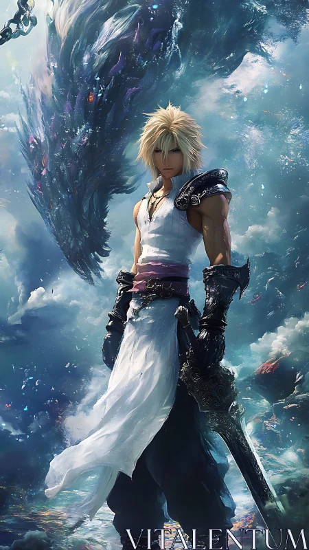 Skyborne warrior and crystal dragon swirling through storms.