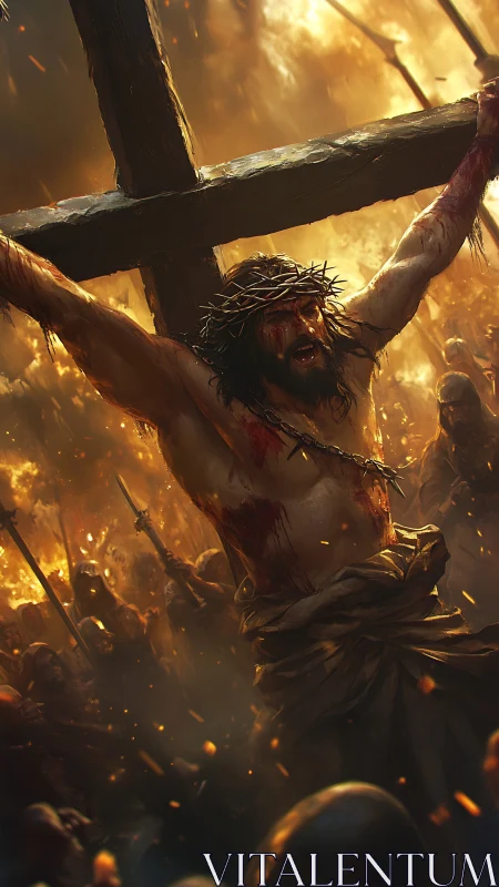 Crucified savior endures agony amid raging inferno and crowd