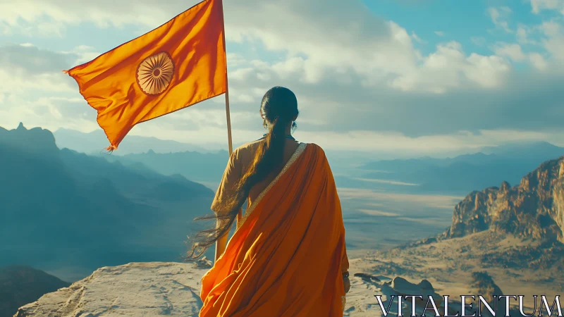 Woman in Orange Saree Holding Indian Flag on Mountain, Cinematic Scene.
