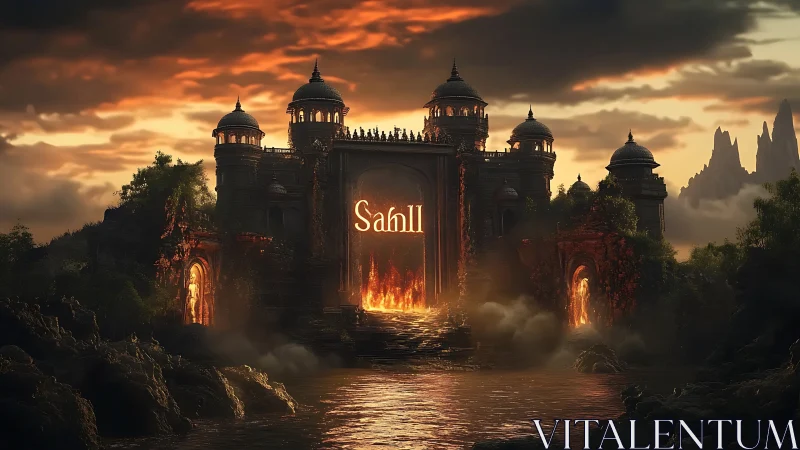 Fiery fantasy citadel gate glows under a stormy sunset sky