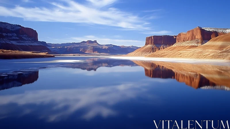 Desert canyon lake reflects sandstone cliffs and sky.