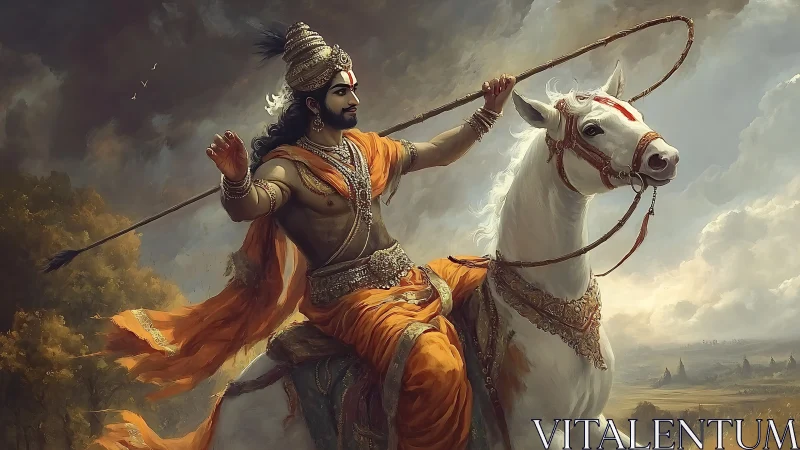 Stormbound warrior prince astride a rearing celestial steed.