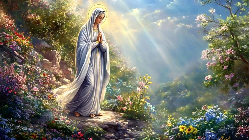 Serene veiled woman in radiant garden bathed in heavenward light.