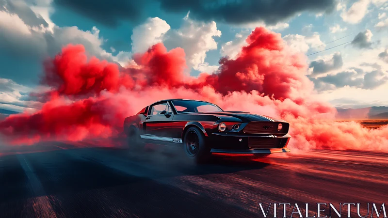 Muscle car storms a desert track in volcanic red smoke.