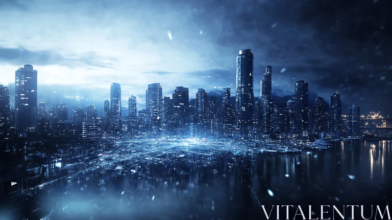 Futuristic cybernetic skyline renders data-infused waterfront night