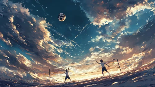 Sky-bent volleyball match vaults a lone ball into twilight clouds