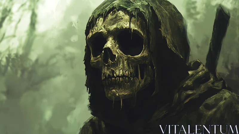 Shrouded skeletal wanderer waits quietly in a misty forest