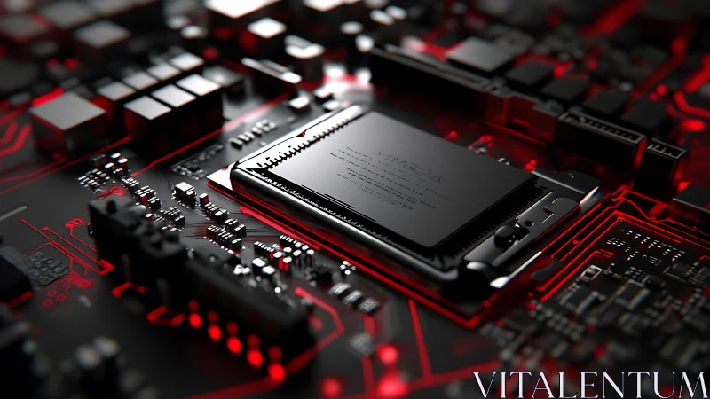 Neon-red motherboard city crowned by a sleek central chip.