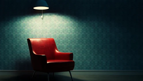 Red leather lounge chair under single moody floor lamp.