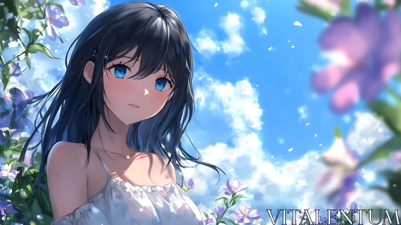 Blue-eyed girl in floral garden under bright midday sky