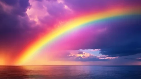Spectral coastal rainbow arch under saturated storm clouds