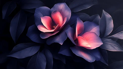 Luminous flowers blooming in deep darkness
