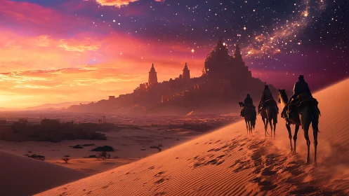 Caravan crossing desert dunes toward distant citadel at dusk.