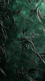 Embossed dark green floral leather surface texture pattern.